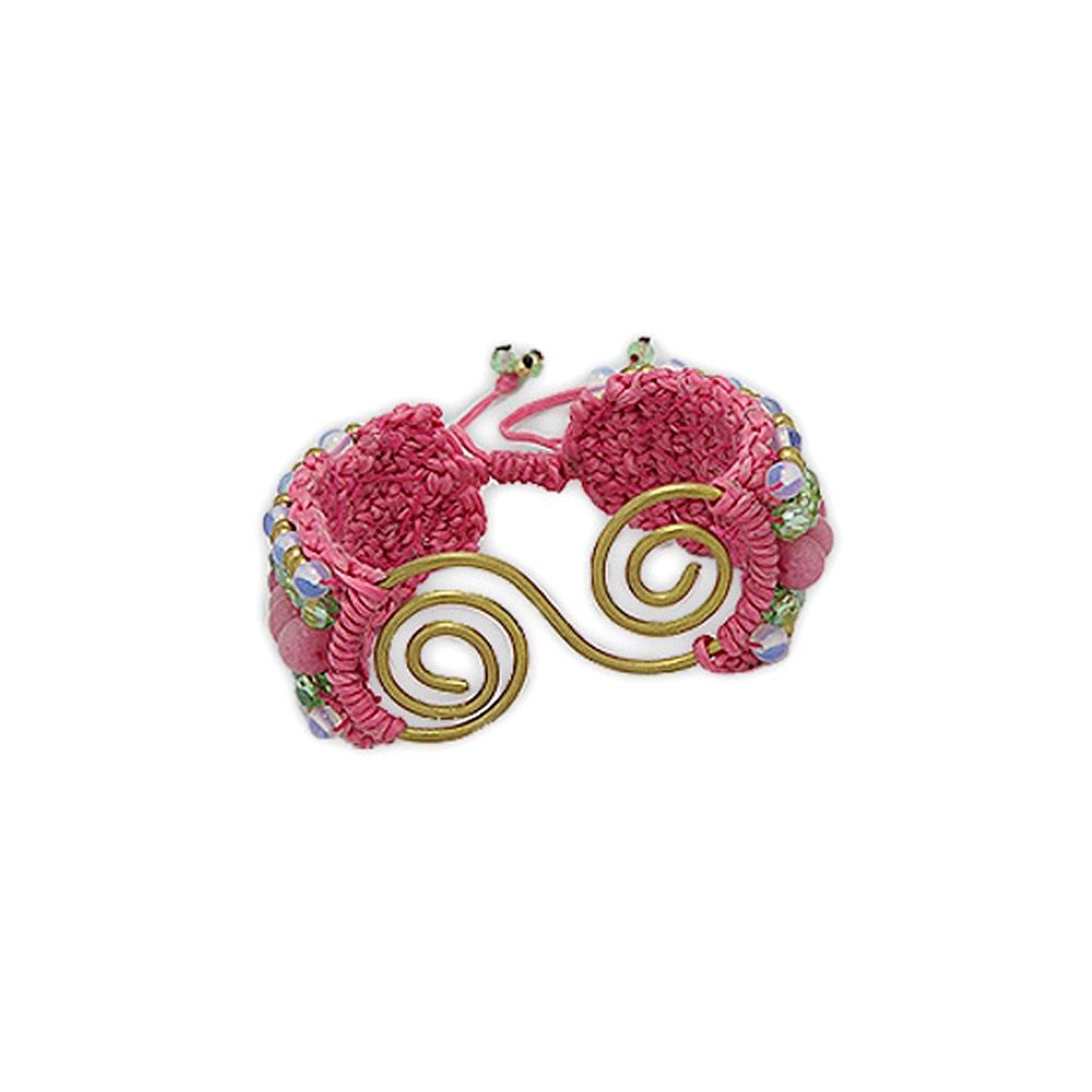 Pink bracelet gold and cotton Spiral Beads Jade, Opal and Glass