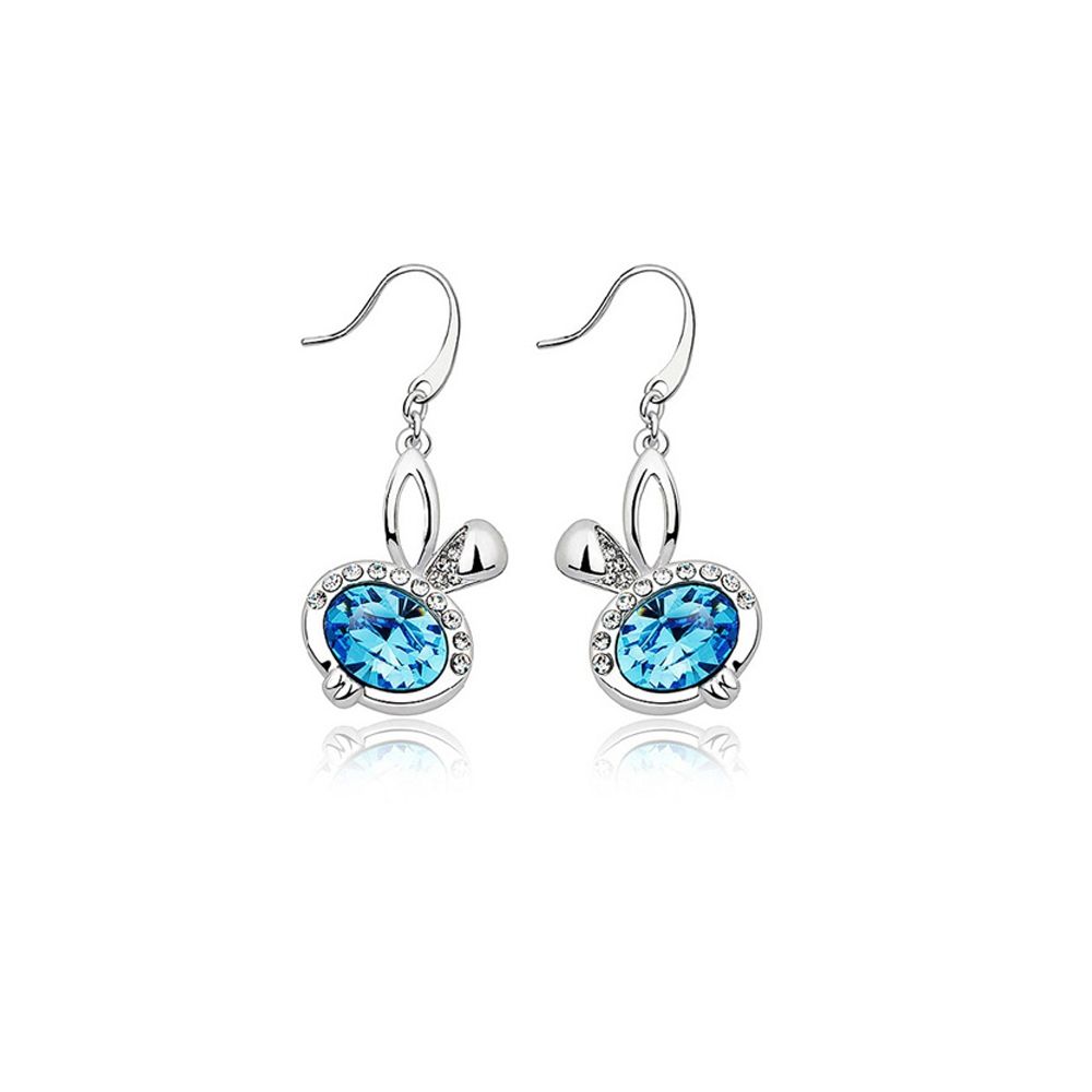 Blue Swarovski Crystal Elements Rabbit Earrings This beautiful pair of earrings dangling earrings in the shape of rabbit. His head is made of a crystal of Swarovski Elements blue and white multiple critaux. This stunning creation, easy to wear, add a touch of elegance for any occasion Frame high quality alloy Rhodium plated for a perfect finish and extreme shine. Dimensions: 2.4 x 1.1 cm Suitable for pierced ears