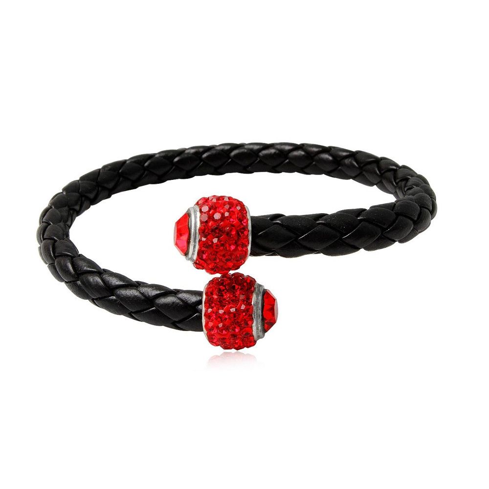 Black Leather Red Crystal and 925 Silver Bracelet