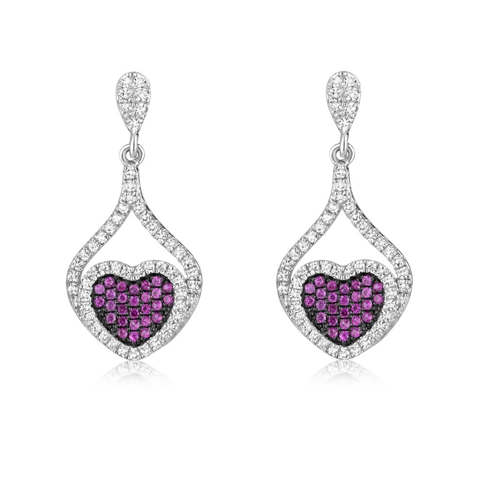 Swarovski - Heart Earrings 925 Silver and White and Pink Swarovski Crystal Zirconia