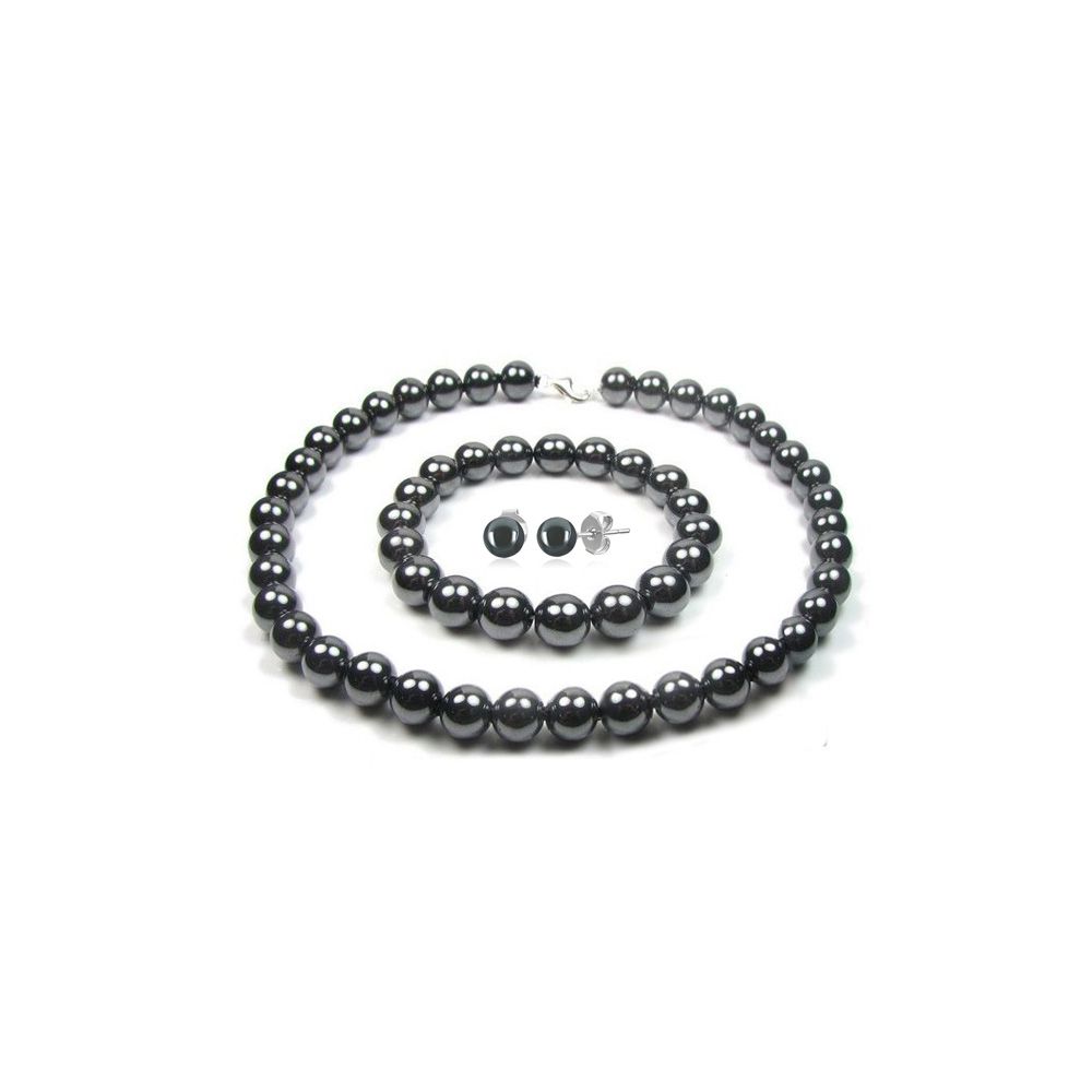 Black Hematite Pearls Necklace, Bracelet and Earrings Women Set
