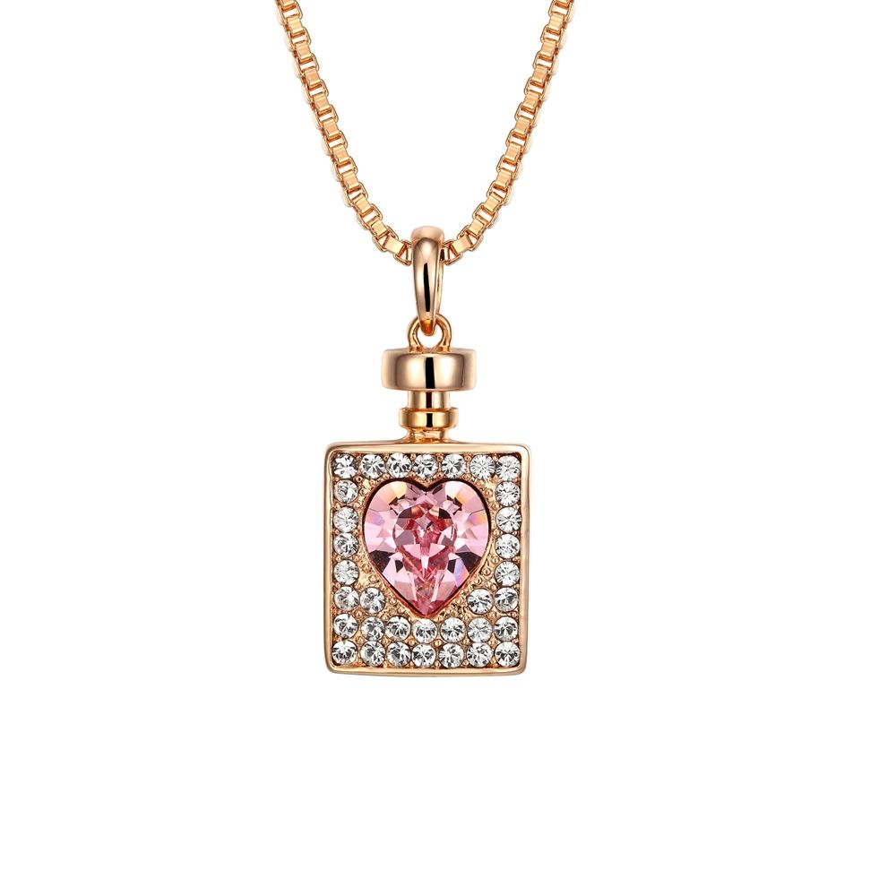 Bottle and Heart Pendant Swarovski Crystal Elements This beautiful pendant, with original design is shaped crimped bottle of white Swarovski crystals. In the center of the bottle, a beautiful Swarovski Elements crystal is shaped like a pink heart. The frame is alloy high quality Rhodium plated for a perfect finish pink gold. Dimensions: 1.4 x 2.4 cm Comes with its chain of 68 cm and 5 cm adjustable Clasp Type: Lobster Clip This absolutely outstanding and gorgeous pendant sublimate your cleavage!