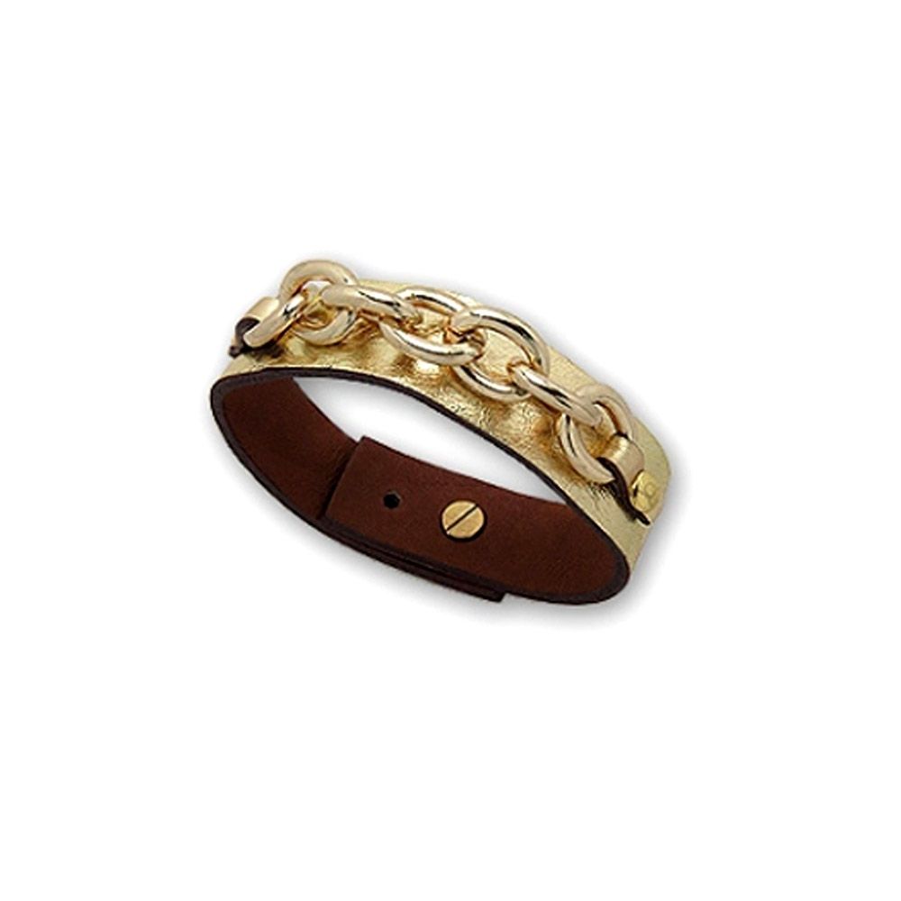 Gold Link Leather Strap Bracelet and Gold Steel