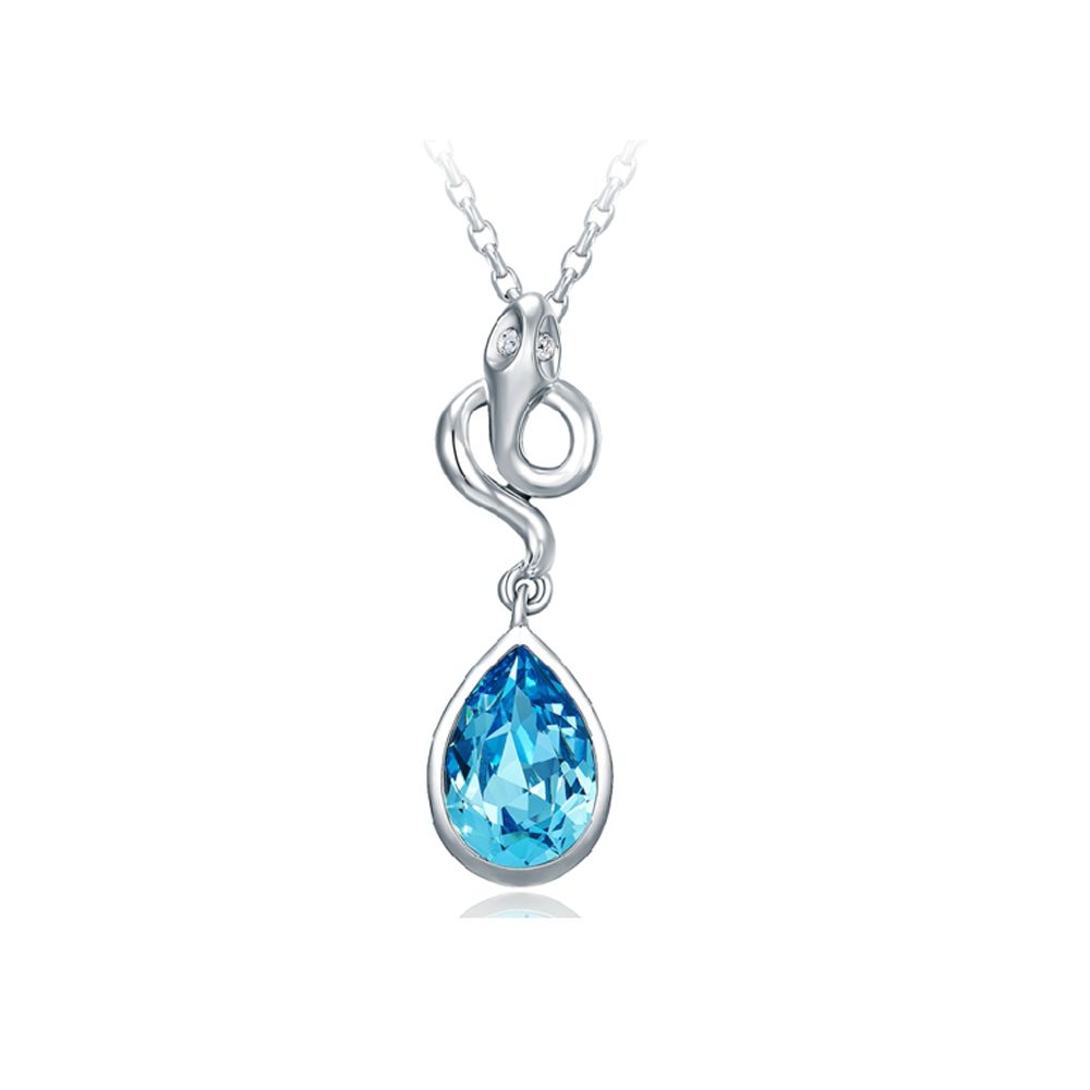 Blue Swarovski Crystal Elements Snake Pendant Superb pendant Serpent. The eyes are set with white crystals. A blue Swarovski Elements crystal teardrop is under the tail of the snake. High quality alloy frame is plated Rhodium giving it extreme shine and a perfect finish. Chain of 40 cm and 5 cm adjustable includes. Dimensions: 3.6 x 1.7 cm