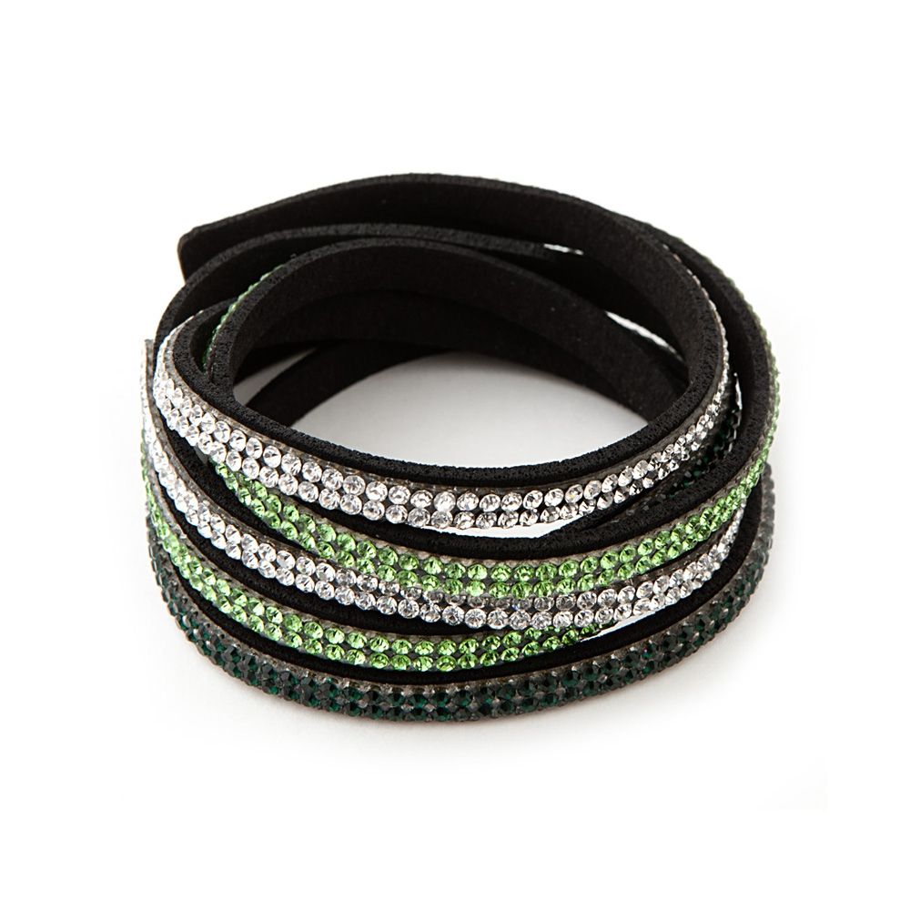 White and Green Swarovski Crystal Elements and Black Leather 3 Rows Bracelet This beautiful bracelet, double turn in black leather has 3 rows. These rows are set with a multitude of white and green Swarovski Elements crystals with intense reflections. The clasp, stainless steel is pressure for easy and quick handling. The length is adjustable thanks to its 2 snaps. This bracelet sparkles and you sublimate at your parties! Dimensions: 39 cm x 2 cm Succumb to the beauty of this bracelet that will not disappoint.