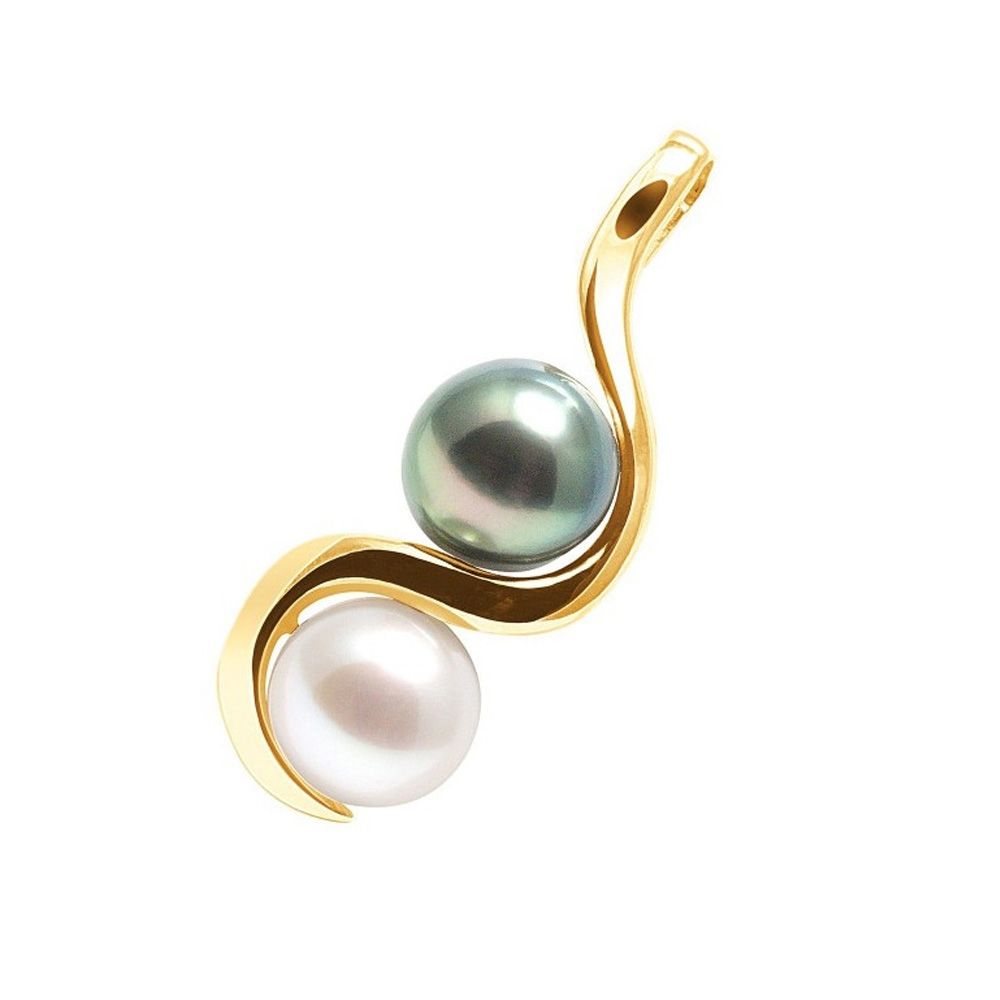 Black Tahitian Pearl and White Freshwater Pearl Pendant and Yellow Gold 375/1000
