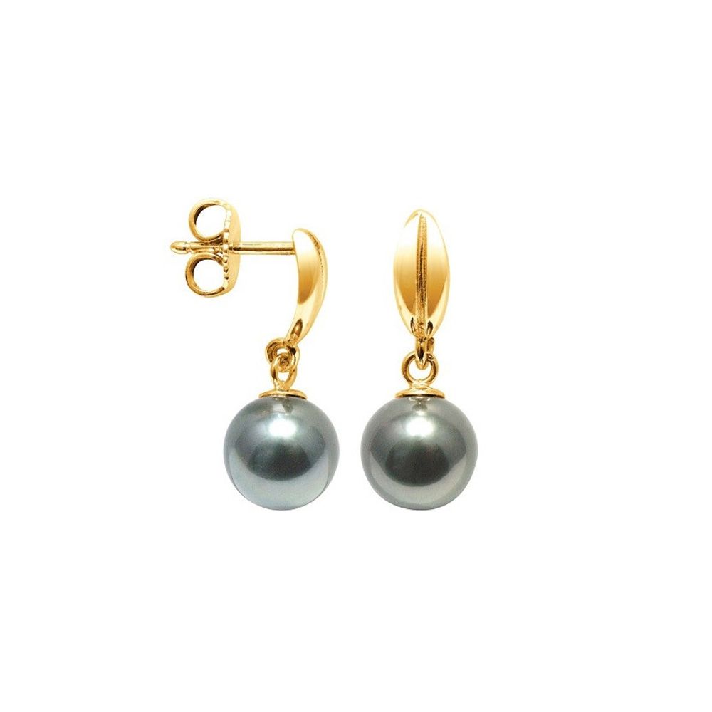 Tahitian Pearl Earrings and yellow gold 750/1000 Made in France Beautiful pair of earrings Tahitian pearls and 18K yellow gold. Shape: Round Luster: Excellent Diameter : 8 mm Quality : A Yellow gold mount 750/1000 - 18K Weight of gold: 2.10 g