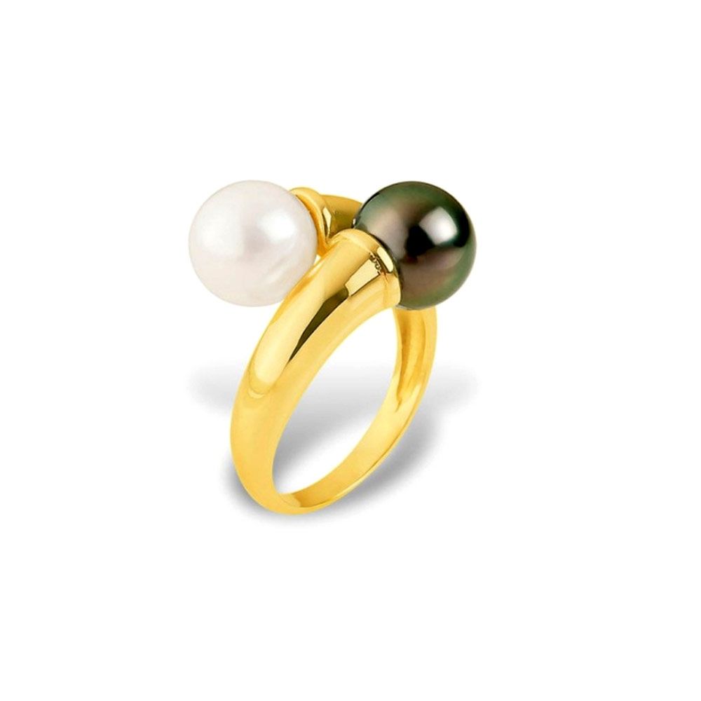 White Freshwater Pearl and Black Tahitian Pearl Ring and Yellow Gold 375/1000