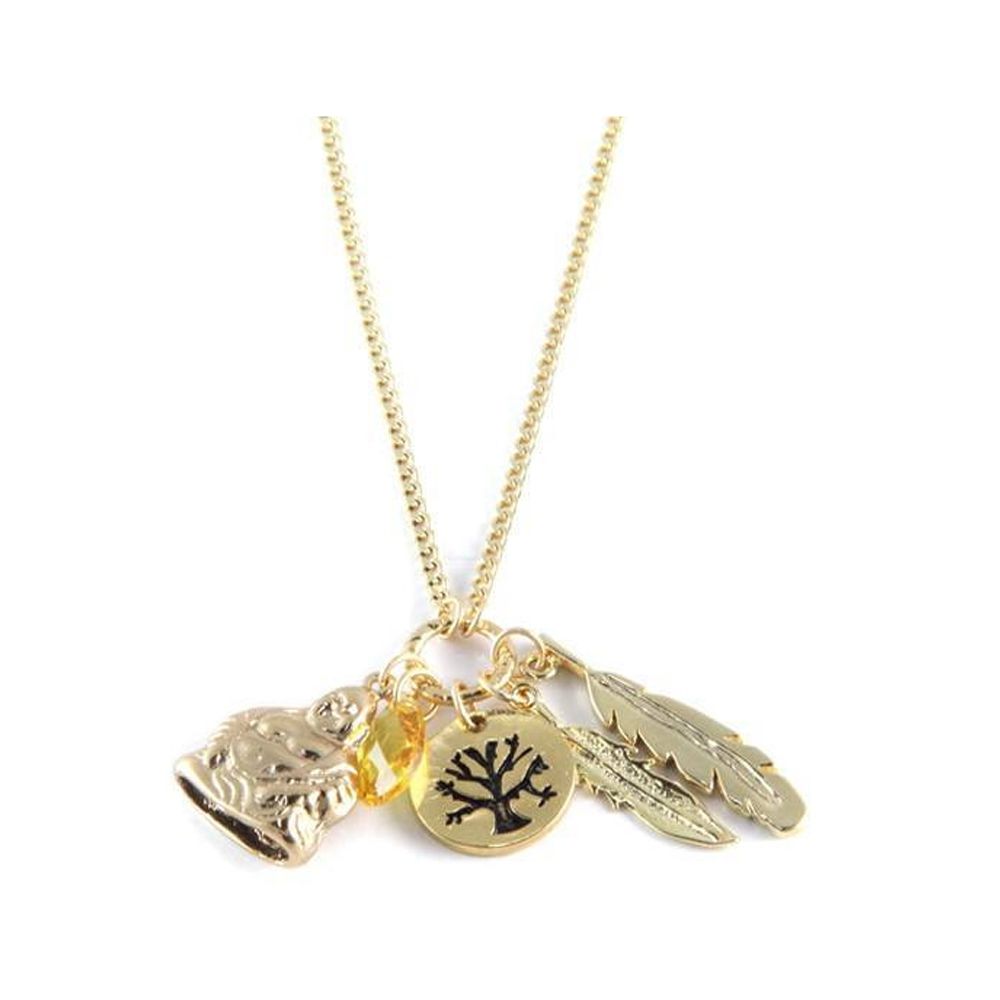 Ettika - Happiness Charm's Choker Necklace Crystal and Yellow Gold This collar necklace came Ettika US is handmade and is of outstanding quality. This necklace consists of a yellow crystal and charm's more: Buddha, feathers and tree. The frame and charm's are plated yellow gold. For a rock chic look and casual yet! Combine with other Ettika jewelry for a colorful and vitamin overlay effect! Mount plated yellow gold. Size of the chain: 80 cm, adjustable 2 cm - Ettika is a registered after the California sun. Its designers offer unique collections and send a message in their own way. All models are handmade and offer different materials and quality. In the United States, Stars like Eva Longoria, Jessica Alba and Bar Refaeli are fighting over, this is an essential accessory!