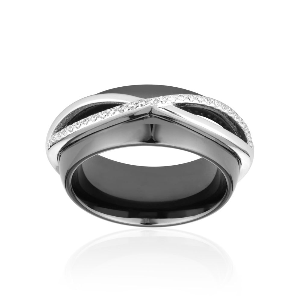 White Cubic Zirconia Crystals Ceramic Black Ring and Silver Sterling This beautiful ring is made of ceramic black and white Cubic Zirconia crystals. The setting is in silver 925/1000 end to a perfect finish. With its unique design, this gem will add elegance and brightness for any occasion key. size: Width: 0.7 cm