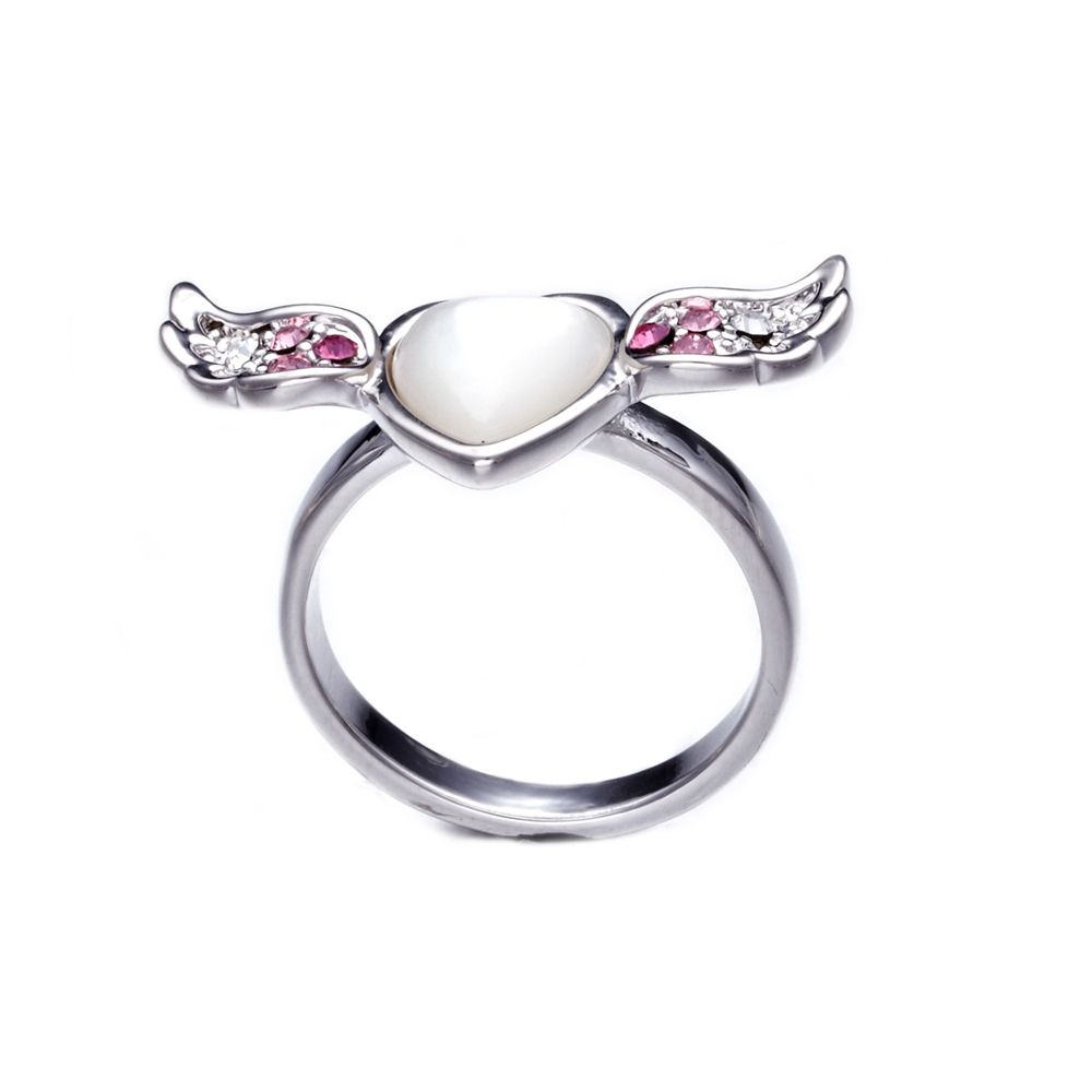 Swarovski - Pink White Swarovski Elements Crystal Heart and Wing Mother of Pearl Ring