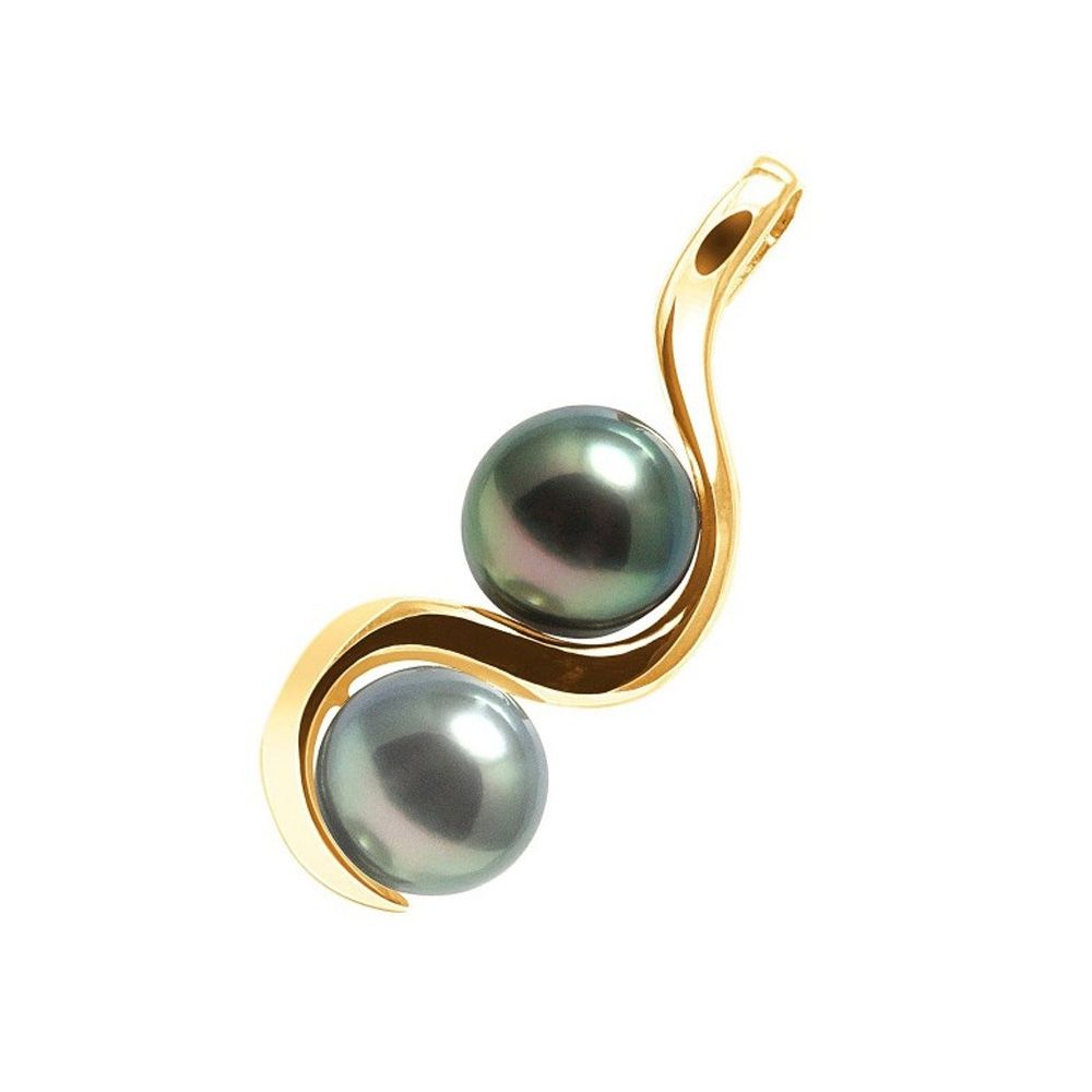 Black Tahitian Pearls Pendant and Yellow Gold 375/1000 Made in France A classic, this pendant consists of 2 Tahitian pearls and 8 mm Delivered with chain in yellow gold plated. Shape of the pearl: Round Pearl size: 8 mm Material: Yellow gold 375/1000 Weight of gold: 2.1 gr