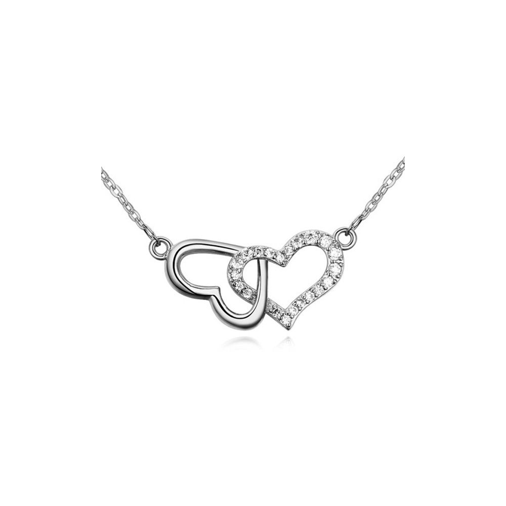White Crystal Cubic Zirconia Double Interlaced Hearts Necklace and Rhodium Plated
