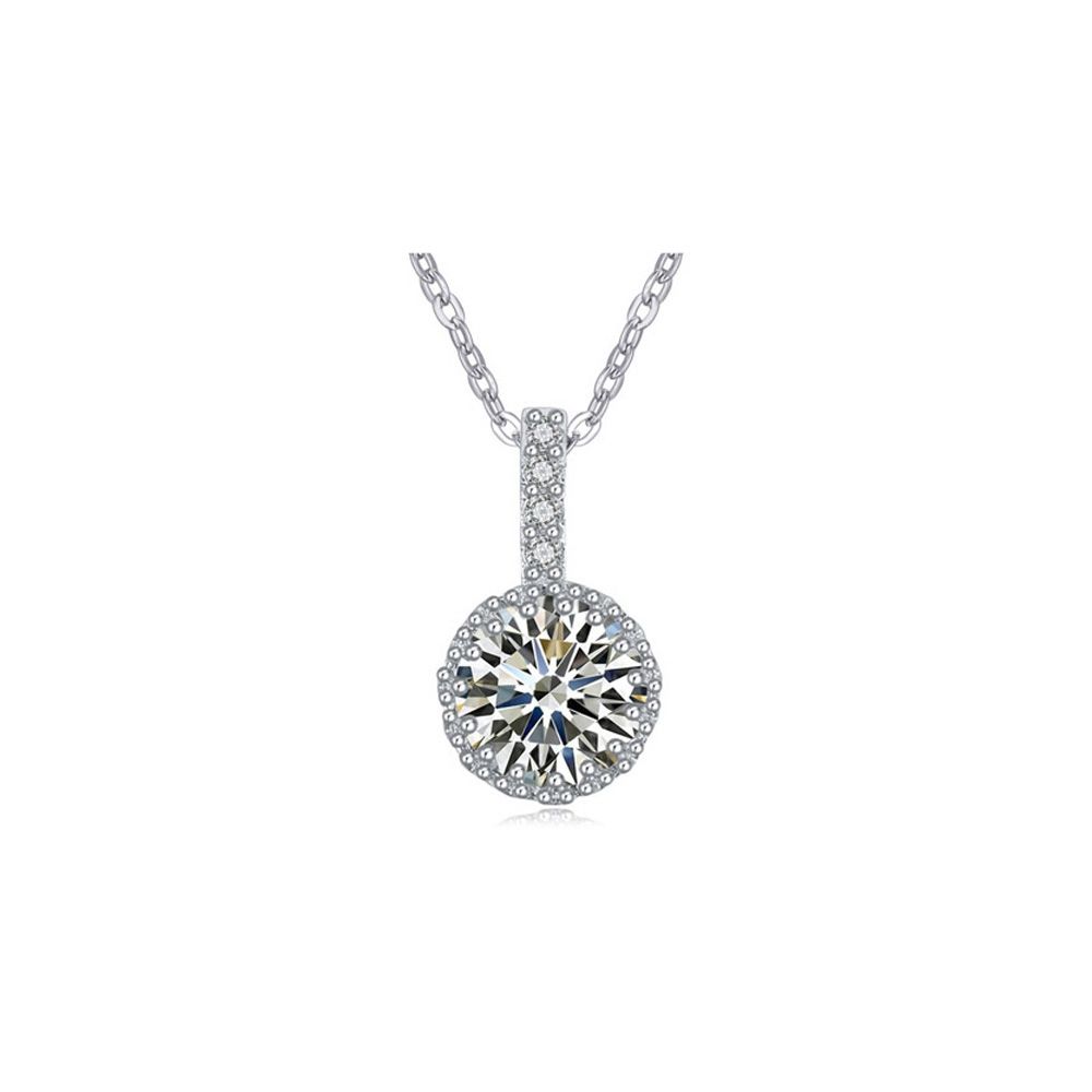 White Cubic Zirconia Crystal Pendant and Rhodium Plated This magnificent pendant is adorned with a white Cubic Zirconia crystal. A perfect finish with its high quality Rhodium plated alloy. Dimension: 1.1 cm × 1.8 cm Weight: 4.3 gr Chain included 40 cm + 5 cm adjustable.
