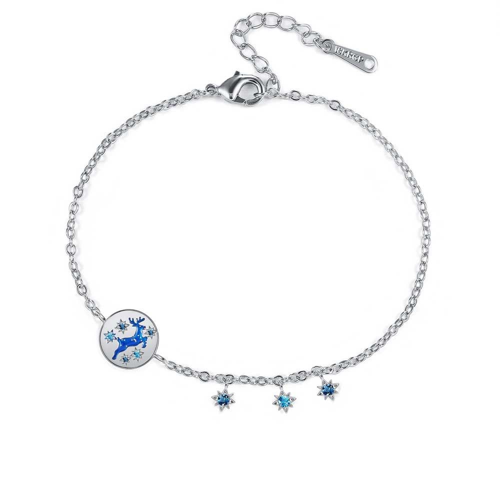 Christmas Snowflakes and Reindeer Bracelet Superb Reindeer bracelet made of blue Swarovski crystals. Frame rhodium plated. Size of the circle: 1 x 1 cm Bracelet length 17 cm adjustable +4 cm Lobster claw clasp