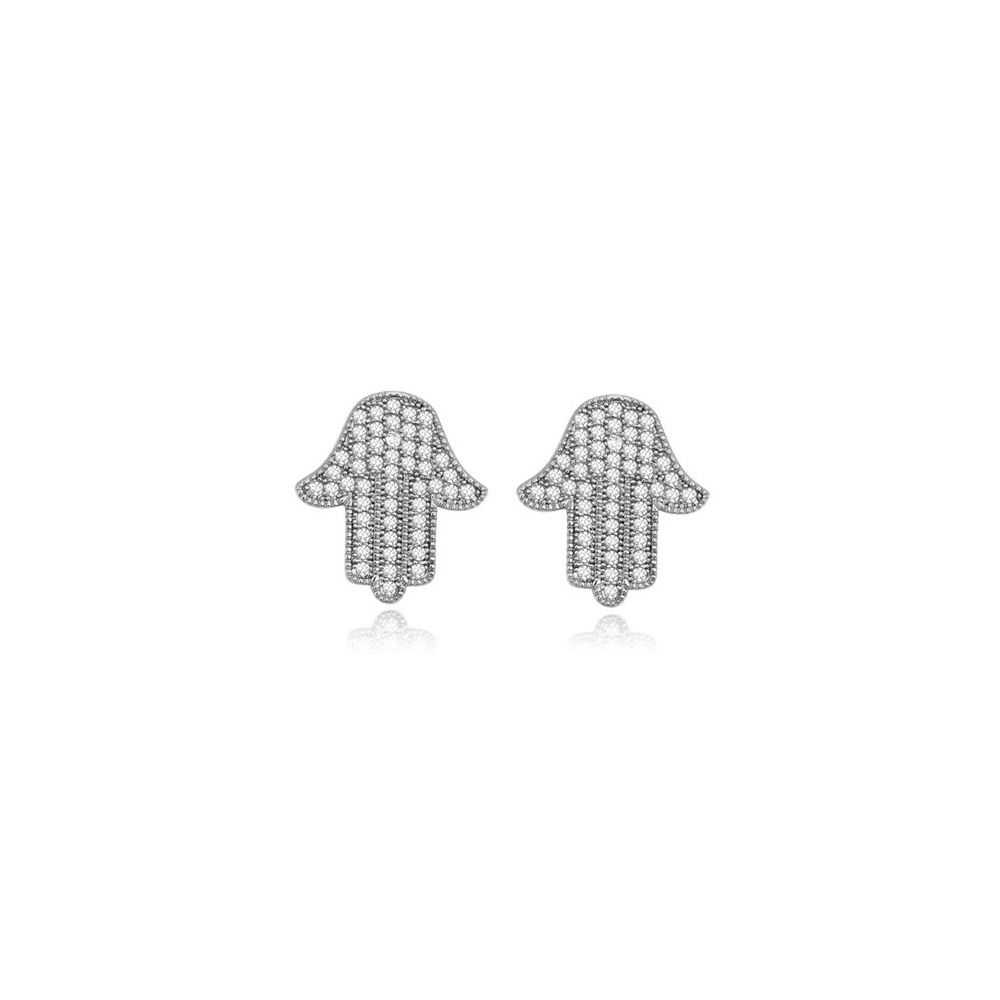 Rhodium Plated Fatma's Hands Earrings and White Cubic Zirconia