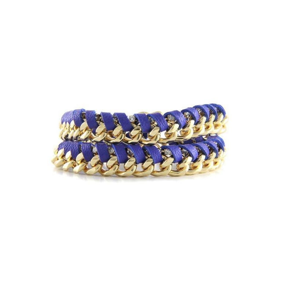 Ettika - Blue Leather Ribbons, Crystal and Yellow Gold Bracelet