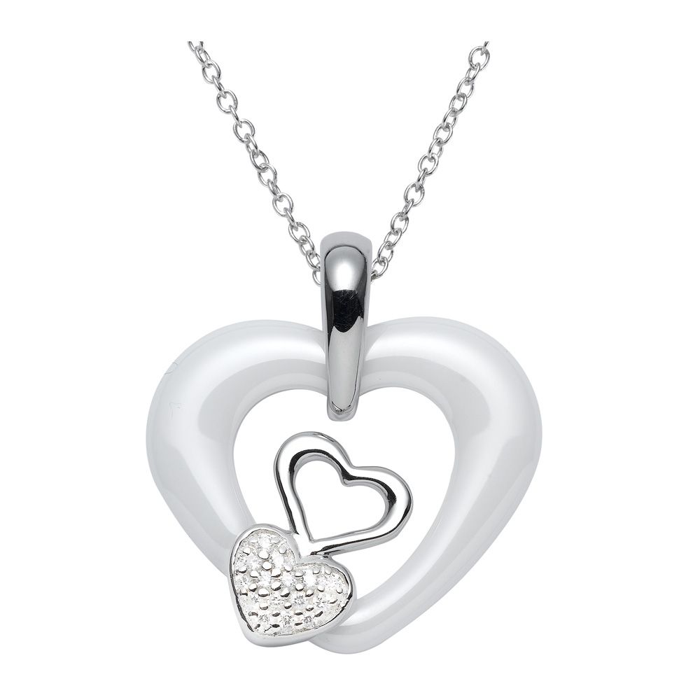 White Cubic Zirconia and White Ceramic Heart Pendant and 925 Silver