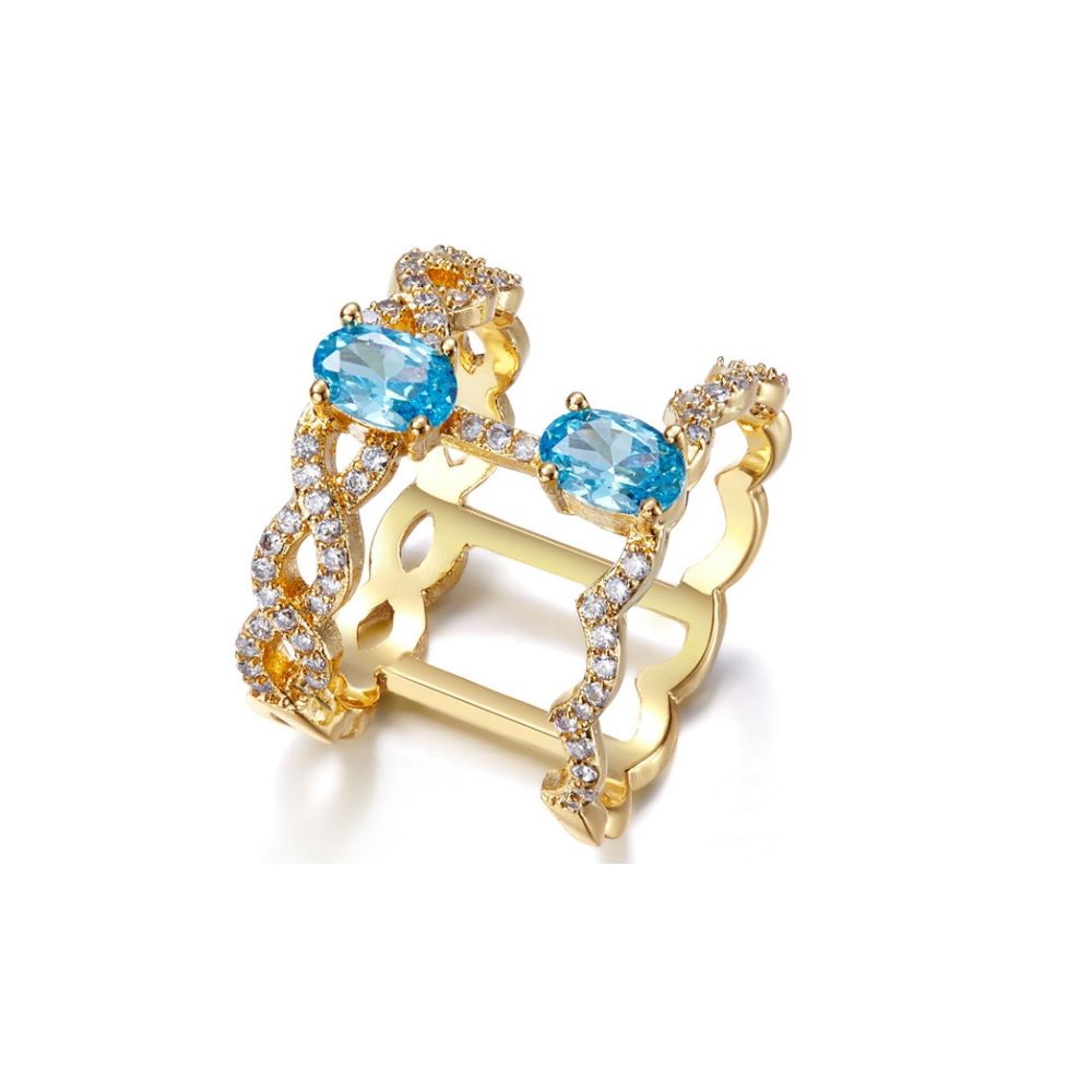 White and Blue Swarovski Elements Crystal and Rhodium Plated This dazzling ring is made of Swarovski Elements white and blue to intense reflections. The frame is made of alloy high quality rhodium plated yellow gold color for a perfect finish. With its unique design, this gem will add elegance and brightness for any occasion key. Ring width: 1.6 cm
