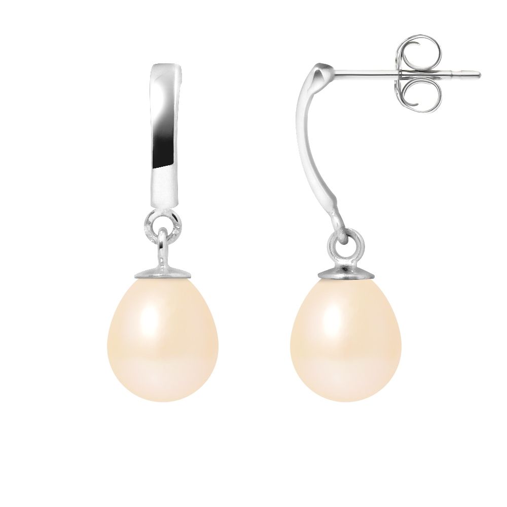 Pink Freshwater Pearls Dangling Earrings and white gold 375/1000 Made in France Beautiful pair of Pink freshwater pearls earrings of 7 mm. Mount Solid white gold 375/1000 - 9K Freshwater cultured pearls Shape: Pear Diameter: 7 mm Luster: Excellent Quality: AA 9K white gold Weight of gold: 0.85 gr