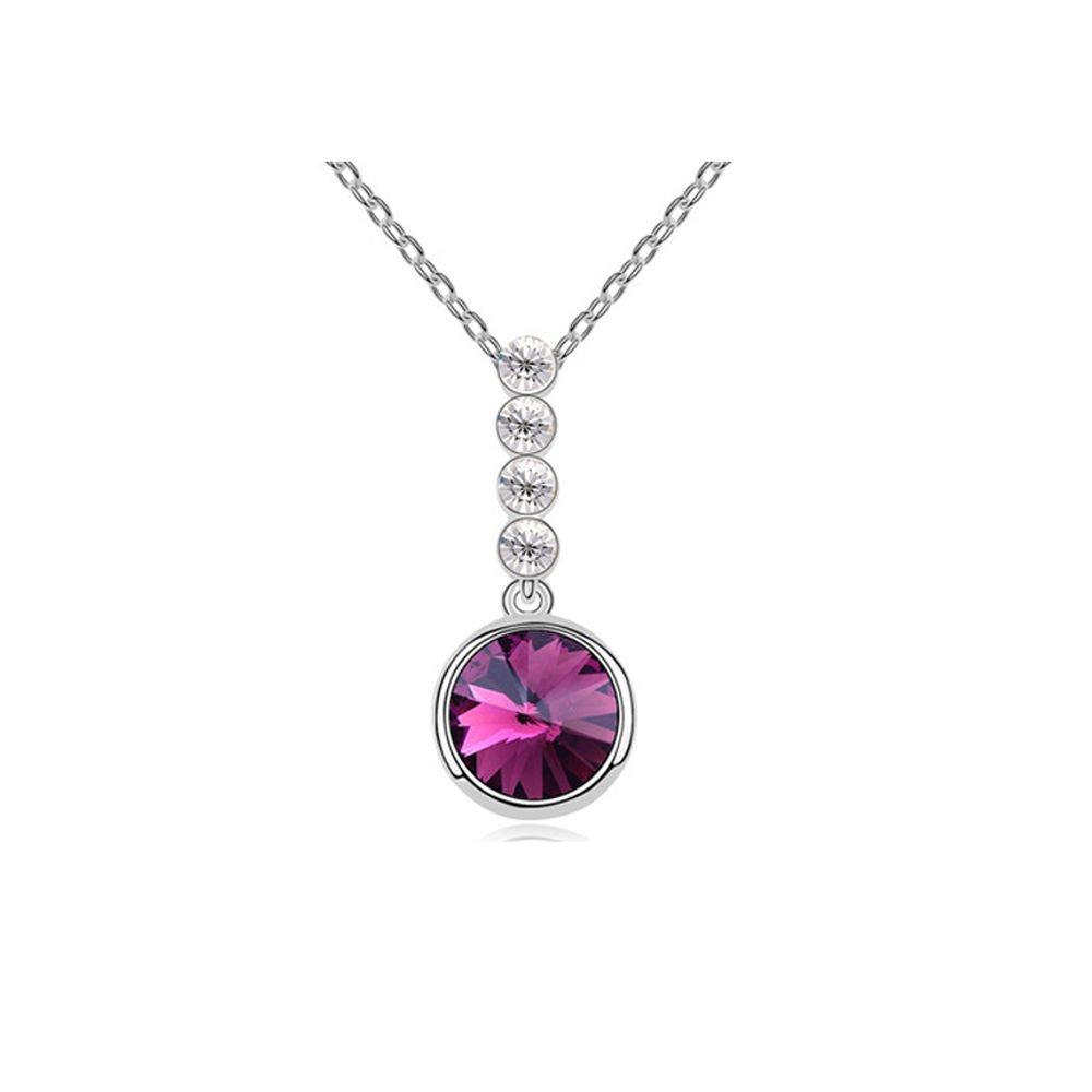 Purple Swarovski Element Crystal Circle Pendant Pendant made of a purple Swarovski Element crystal. The mounting is set with white rhinestones. Mounting in high quality white gold plated alloy. Dimensions: 3.5 x 1.5 cm Length of the chain: 40 cm (5 cm adjustable). Weight: 8.60 g. Lobster Claw Clasp