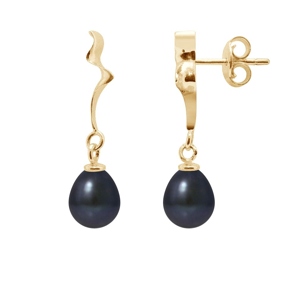 Black Freshwater Pearls Dangling Earrings and yellow gold 375/1000 Made in France Beautiful pair of black freshwater pearls earrings of 7 mm. Mount Solid gold yellow 375/1000 - 4cts. Form: Pear Diameter: 7 mm Luster: Excellent Quality: AA Weight of gold: 1,40 gr