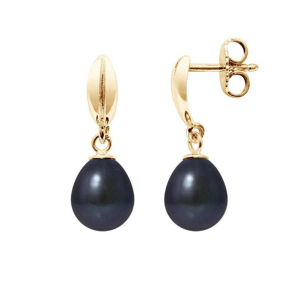 Black Freshwater Pearls Earrings and yellow gold 375/1000 Made in France Beautiful pair of black freshwater pearls earrings of 9 mm. Mount Solid yellow gold 375/1000 Shape: Pear Diameter: 9 mm Luster: Excellent Quality: AA + Weight of gold: 1.60 gr
