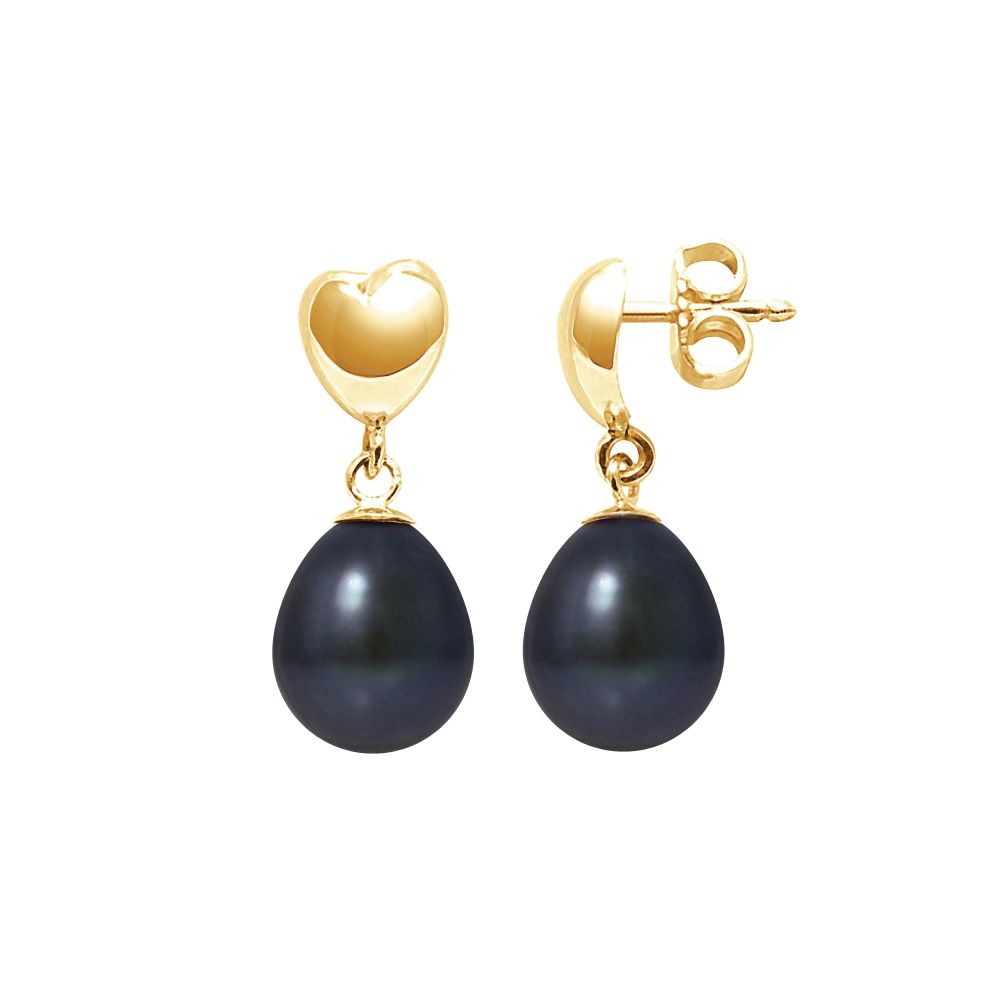 Black Freshwater Pearls Earrings and yellow gold 375/1000Black Freshwater Pearls Hearts Dangling Earrings and yellow gold 375/1000