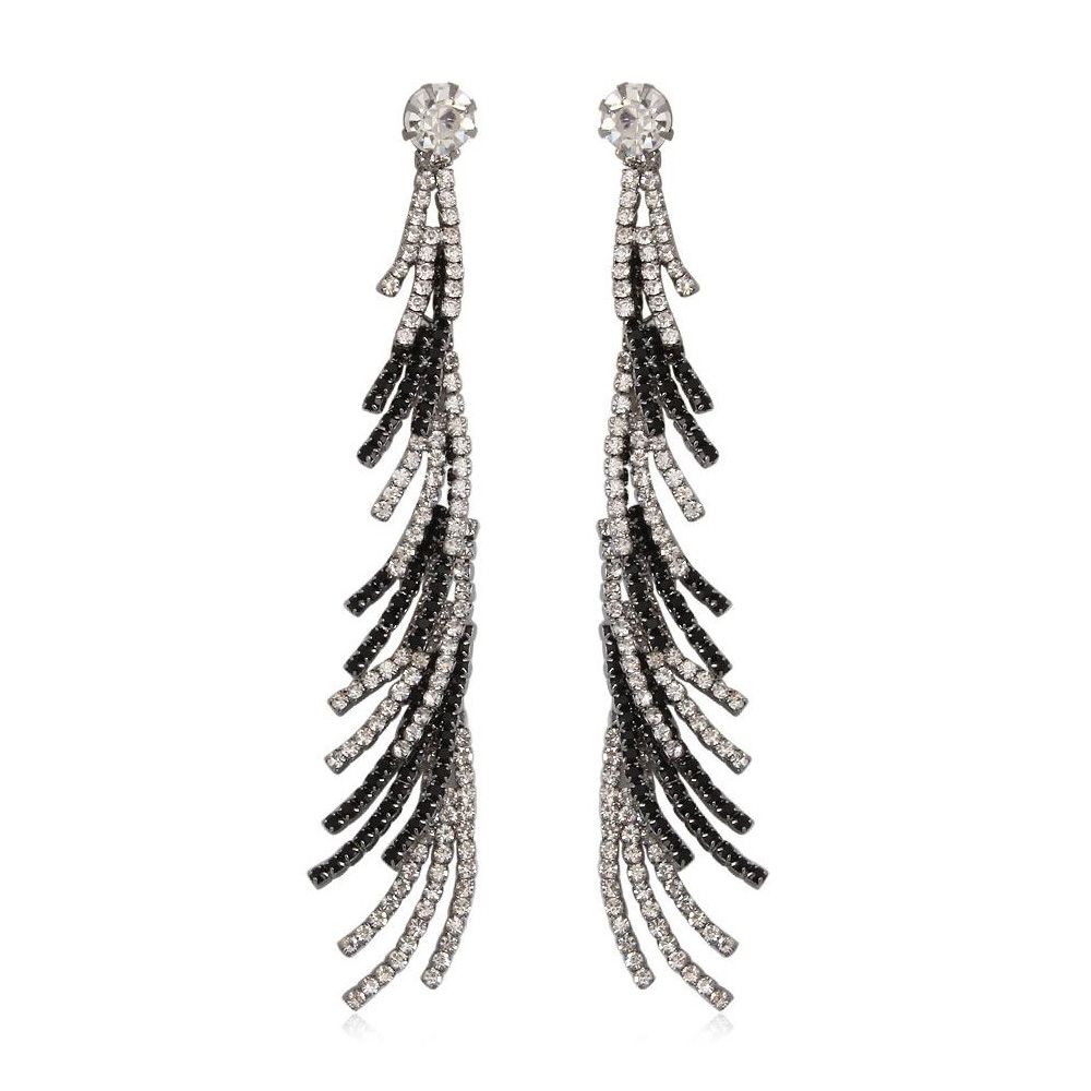 White and Black Crystal Dangling Earrings This pair of dangling earrings is set with white and black crystals. This creation is easy to wear and will add an elegant touch for any occasion. Dimensions: 10.50 x 1.50 cm. Weight: 20.47 grams metal frame Suitable for pierced ears