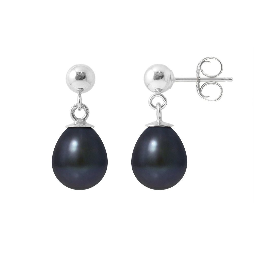 Black Freshwater Pearl Dangle Earrings and 925/1000 Silver Made in France Beautiful pair of earrings black freshwater cultured pearl of 6-7 mm. Mount 925/1000 silver Form: Tear Diameter: 6-7 mm Luster: Excellent Quality: AA + Weight of silver : 0.75 gr