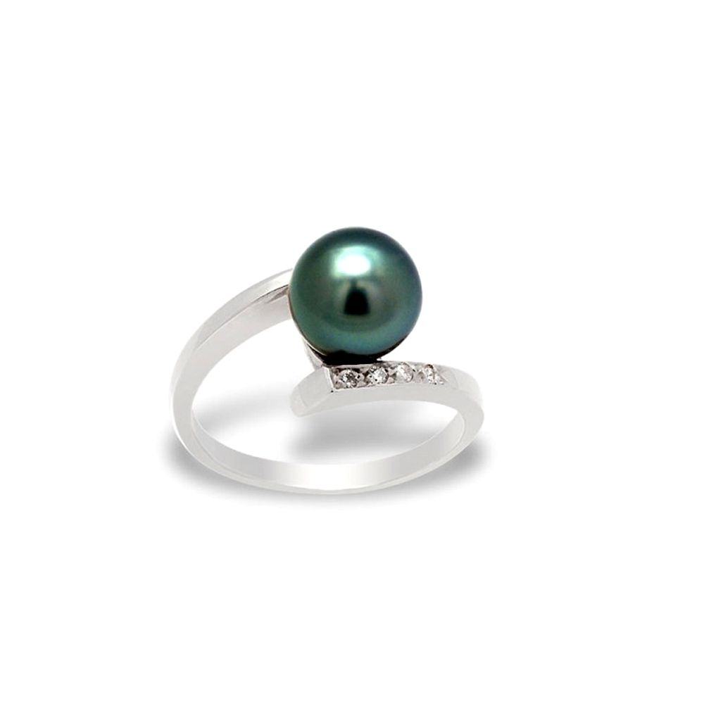 Black Tahitian Pearl, Diamonds Ring and White Gold 375/1000