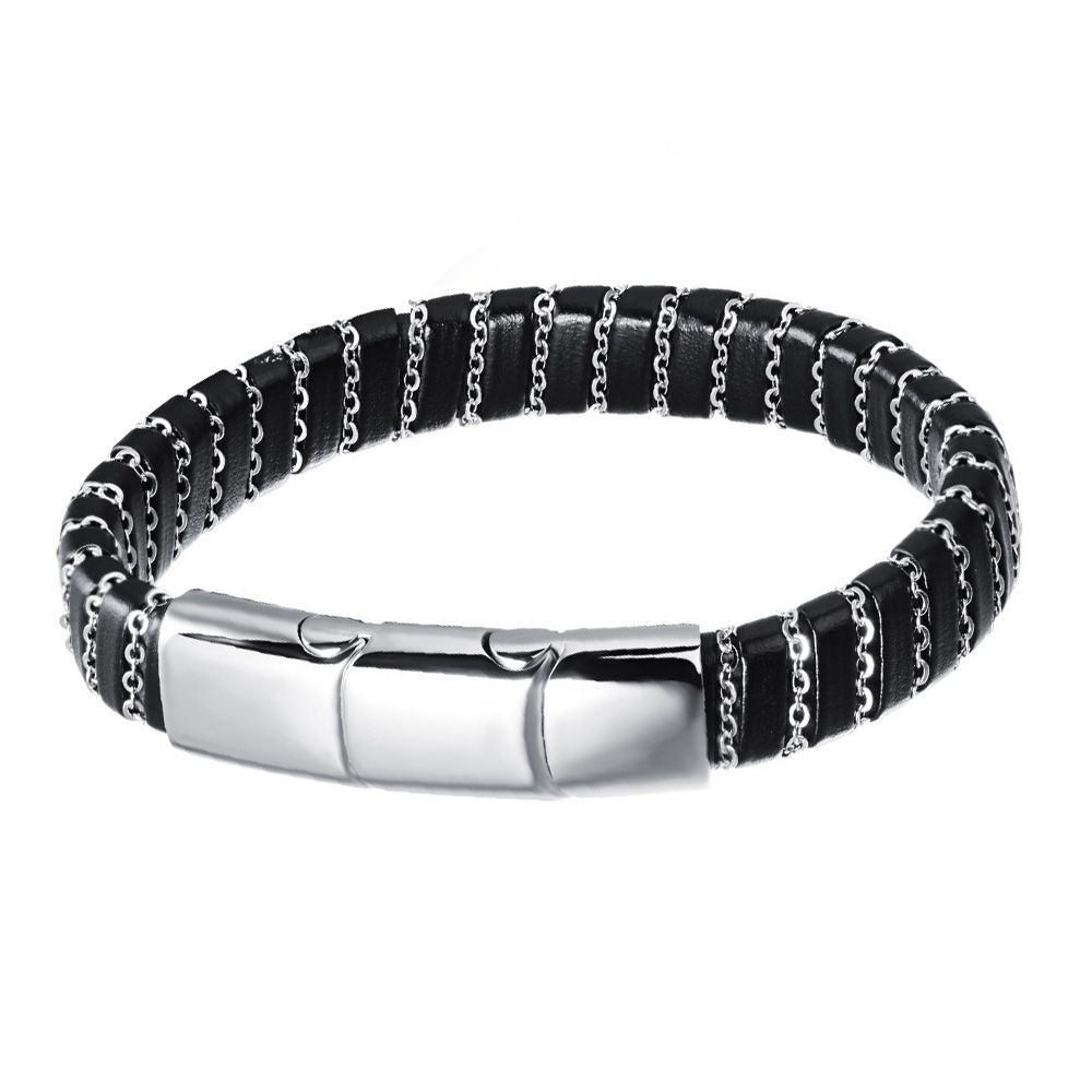 Black Leather and Stainless Steel Man Bracelet
