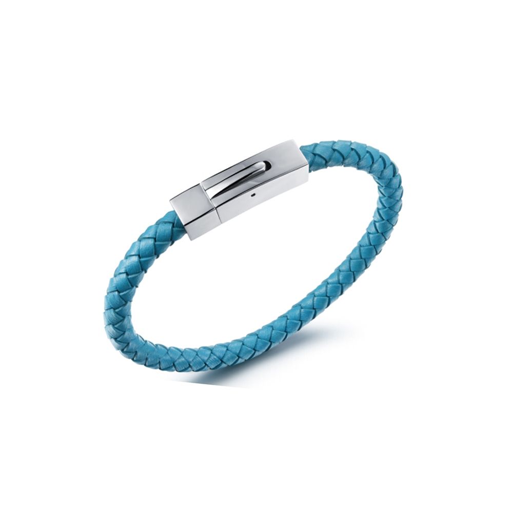 Blue Braided Leather and Stainless Steel Man Bracelet Material: Leather Color : Blue Metal: Stainless Steel Length: 21 cm Width: 0.6 cm Clasp: magnet Weight: 14g
