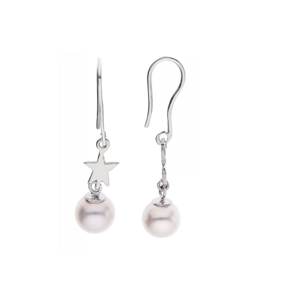 White Freshwater Pearls, Star Dangling Earrings and Sterling Silver 925/1000