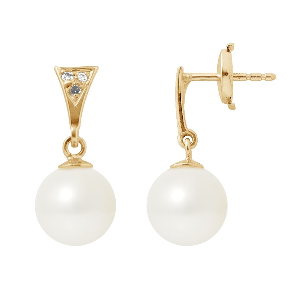 White Freshwater Pearl Diamond Earrings and yellow gold 750/1000