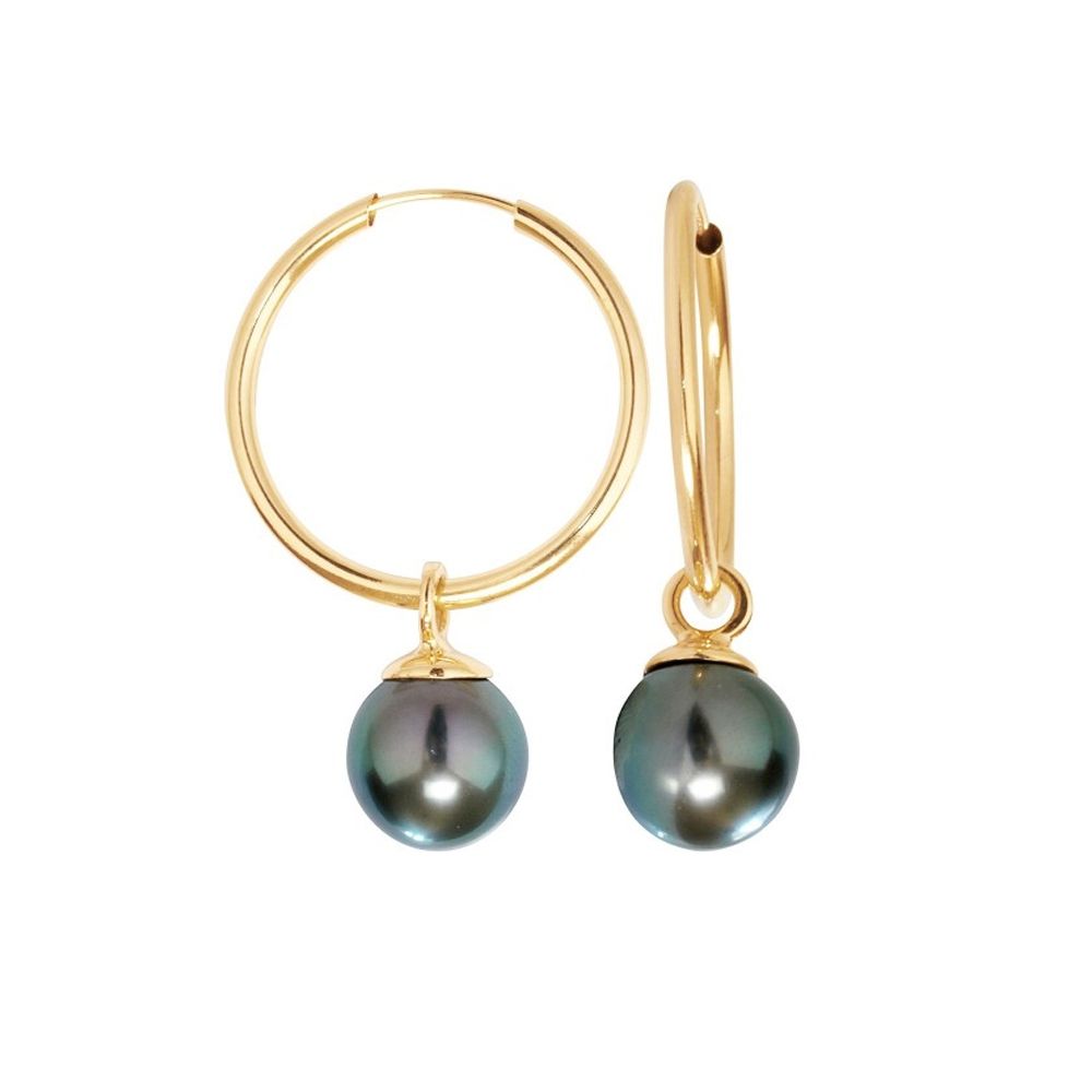 Black Tahiti Pearls Hoop Earrings and Yellow Gold 750/1000 Made in France Beautiful pair of black Tahitian pearls hoop earrings of 8 mm. Mounting Yellow Gold 750/1000 Shape: Rund Diameter: 8 mm Luster: Excellent Dimension : 2.2 cm Weight of gold : 2.4 gr