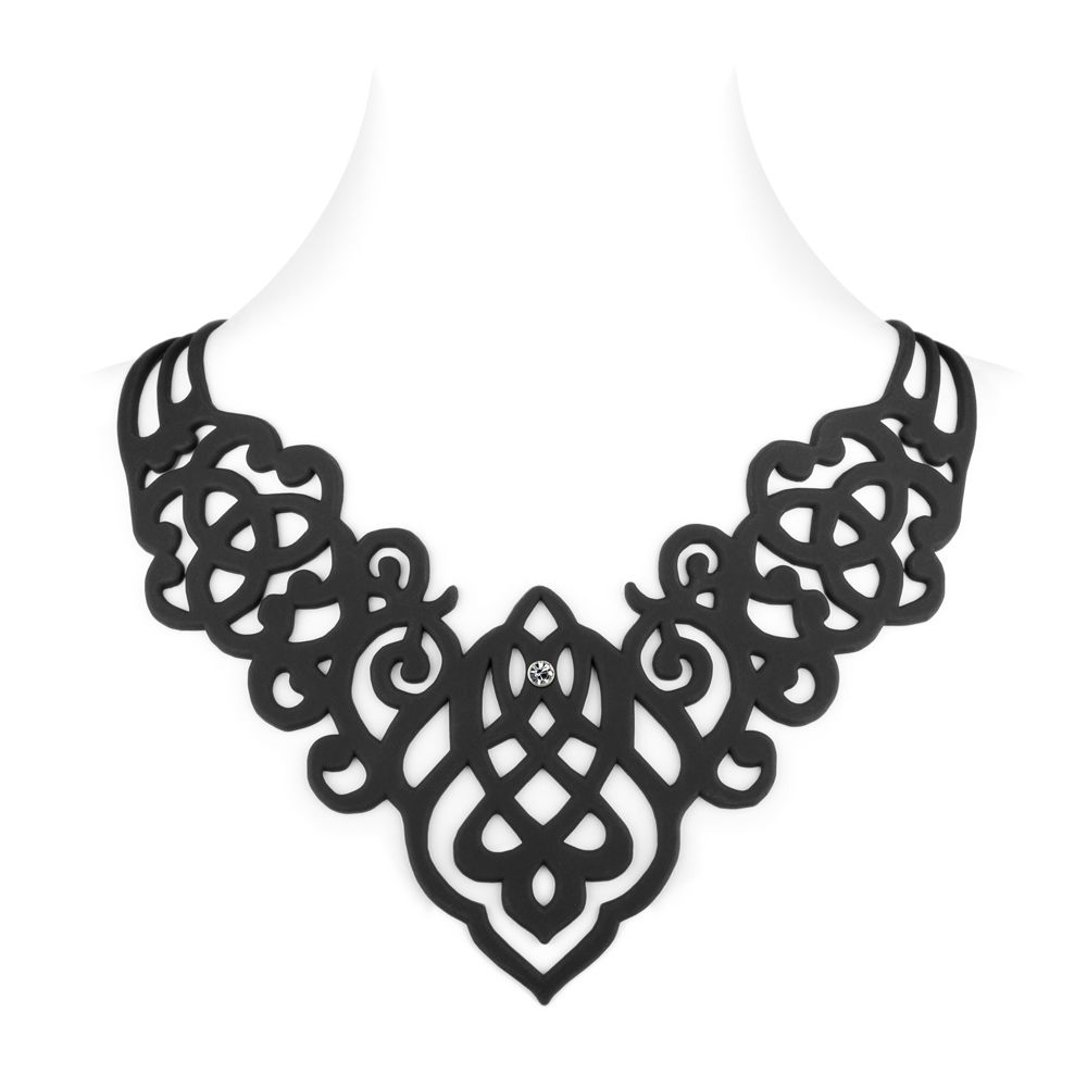 Arabesque Necklace - GUM JEWELRY Magnificent French creation with an oriental and Celtic look. Made of black silicone gum it has many advantages. Anti allergic it will suit all people not supporting the metals. Very nice to wear this material is lightweight, very soft, like a second skin for a tattoo effect. Malleable and deformable, you can fold it, put it away, manhandle this jewel will resume its original shape. Ideal to take it anywhere with you. Very durable you can wear it in all circumstances as at the beach or pool. Material : silicone Adjustable length: 41 to 45 cm Thickness: 2 mm Weight: 20 gr Optional with or without crystal Swarovski Elements