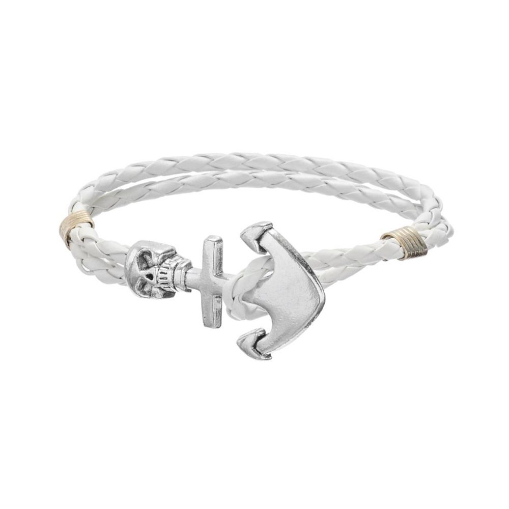 White Braided Leather Anchor and Skull Stainless Steel Man Bracelet