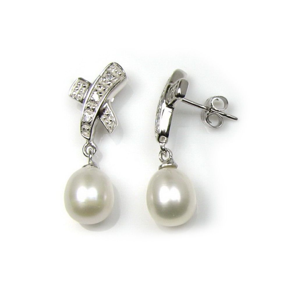 White Freshwater Pearls Cross Women dangling Earrings and Silver Mounting