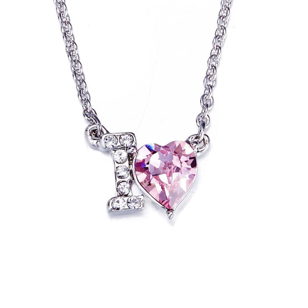 Pink Swarovski Crystal Elements I Love You Necklace A declaration of Love with this necklace. Sets with a pink Swarovski Elements crystal Heart. Rhodium plated frame for a perfect finish. Dimension : 0.8 x 1 cm Length: 40 cm adjustable +5 cm