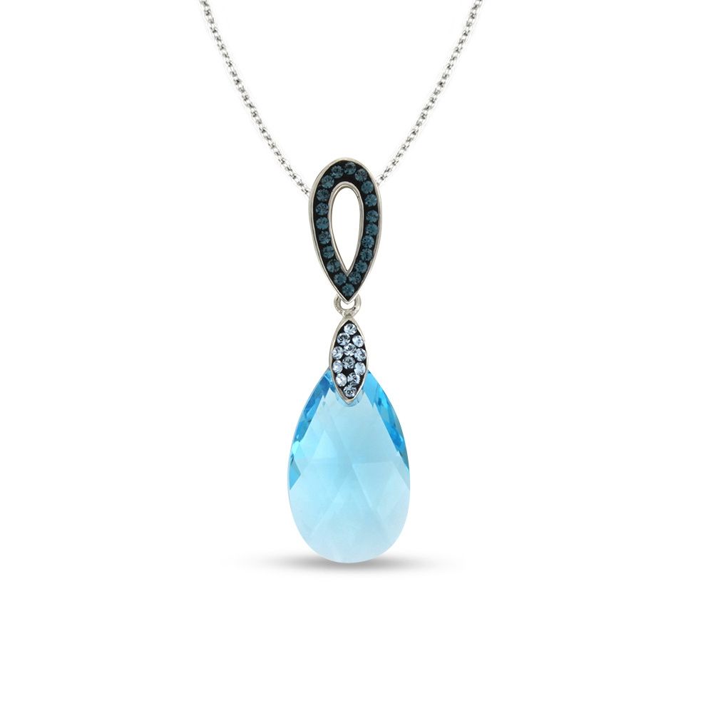 Blue Swarovski Elements Crystal and 925 Silver Pendant This jewel is remarkable for its elegance. Blue Topaze Swarovski Crystal Elements Blue crystals sets mounting Mounting : 925/1000 Silver and Rhodium Plated to a perfect finish. Dimensions: 4 x 1.3 cm Weight: 3.58 gr Delivered with chain in rhodium plated and 40 cm.