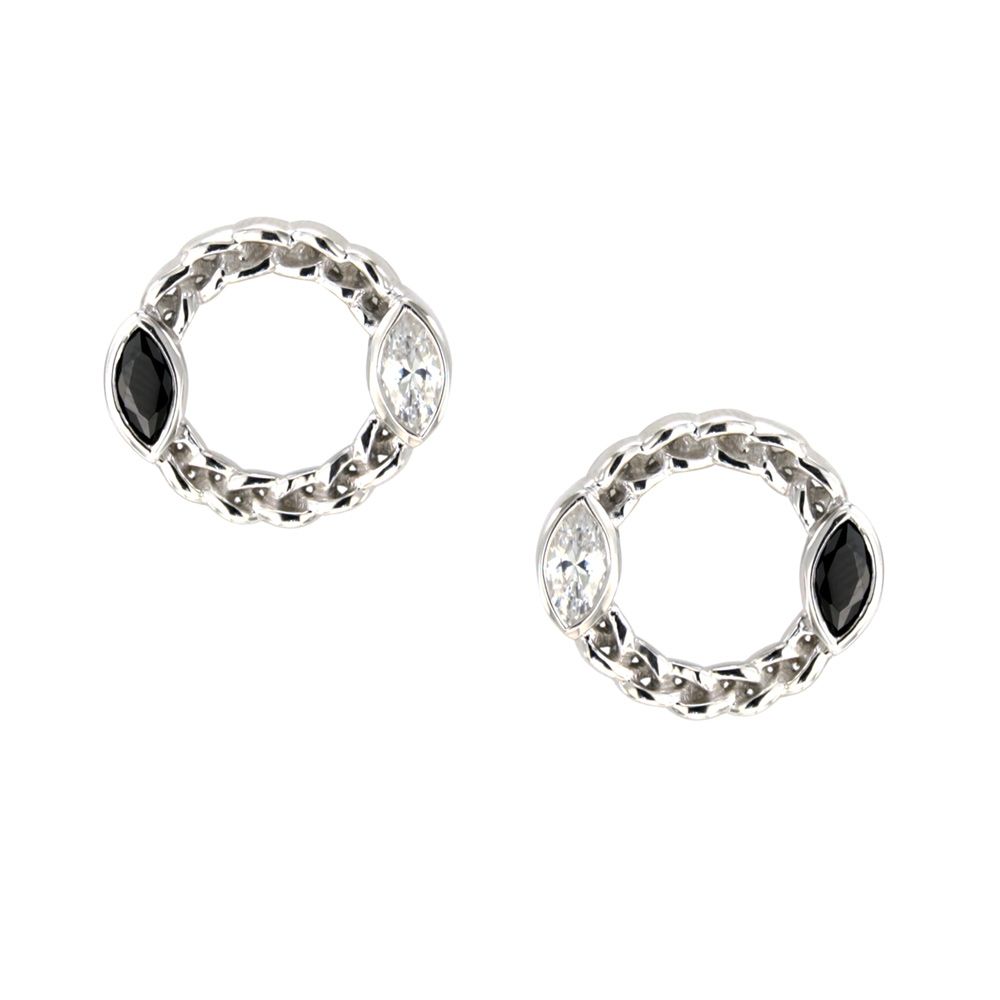 White and Black Swarovski Crystal Elements and 925 Silver circle Earrings This pair of Earrings is set with a circle pendant and black and white Swarovski crystal Elements Mounting : Sterling Silver 925/1000 and Rhodium plated. Dimensions: 1.5 x 1.5 cm