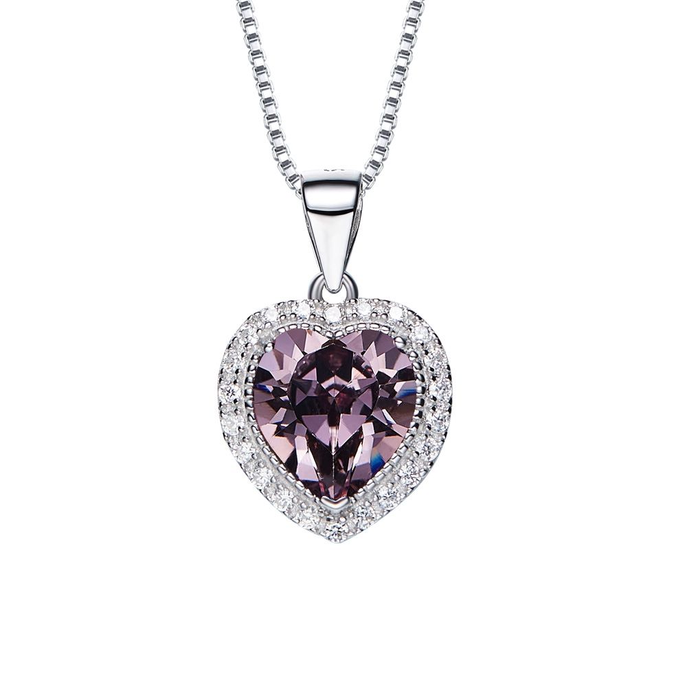 Purple and White Swarovski Crystal Elements Heart Pendant This pendant is adorned with a purple Heart Swarovski Crystal Elements and white crystals. Dimension : 1.2 x 1.5 cm Color : Purple Mounting : 925 Silver and Rhodium Plated Includes chain 40 cm adjustable (+5 cm)