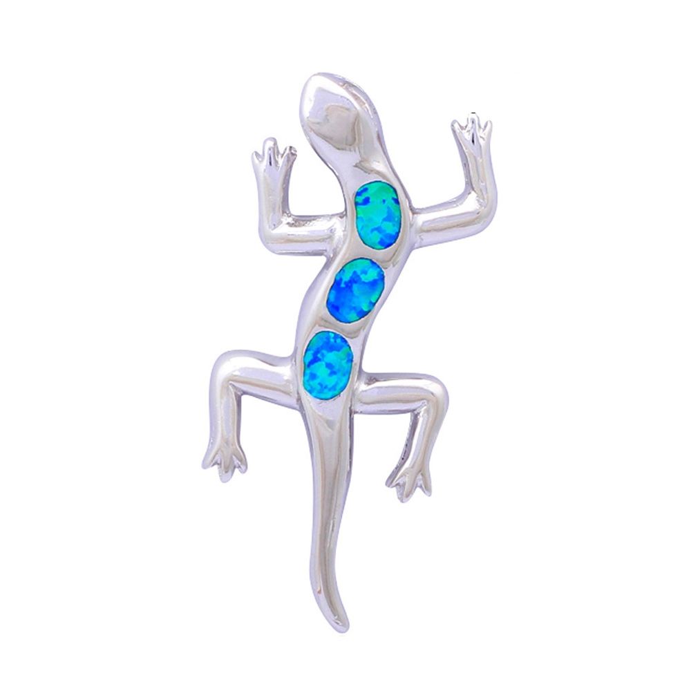 Opal Lizard Pendant and Silver Plated This beautiful Lizard -shaped pendant is composed of Opal, light blue color and multiple shimmering and fluorescent reflections. The Mounting is silver plated. Dimensions : 2 x 4.9 cm Delivered with a chain of 40 cm