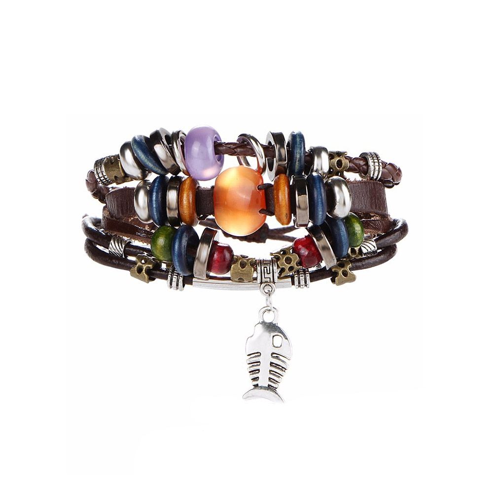 Brown Leather Multi Rows Beads, Fish and Stainless Steel Man Bracelet Material: Leather and Beads Color : Brown Metal: Stainless Steel Length : adjustable 17 to 30 cm Weight: 28.86 gr