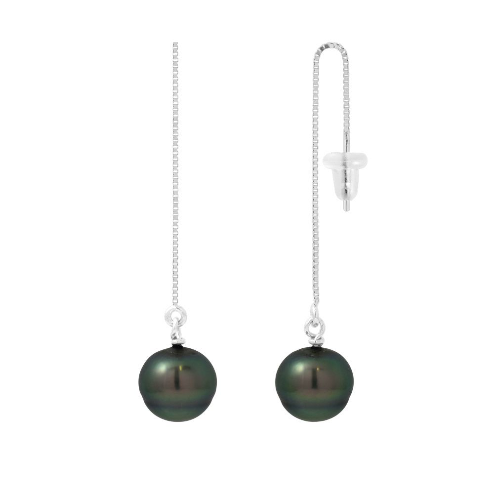 Black Tahitian Pearls Dangling Earrings and Silver 925/1000 Made in France Beautiful pair of Black Tahitian Pearls Earrings of 9 mm. Mounting Silver 925/1000 Shape: circle Diameter: 9 mm Luster: Excellent Quality: A Dimension : 4 x 0.9 cm Weight : 0,30 gr