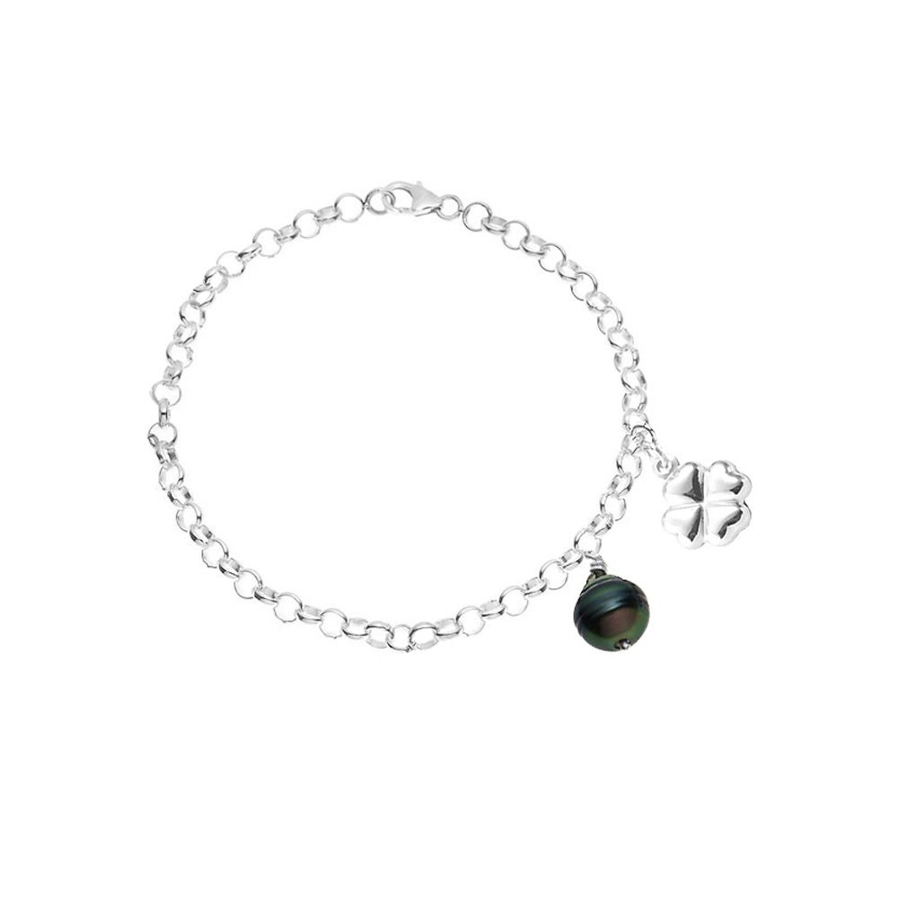 Black Tahitian Pearl Clover Bracelet and 925 Sterling Silver