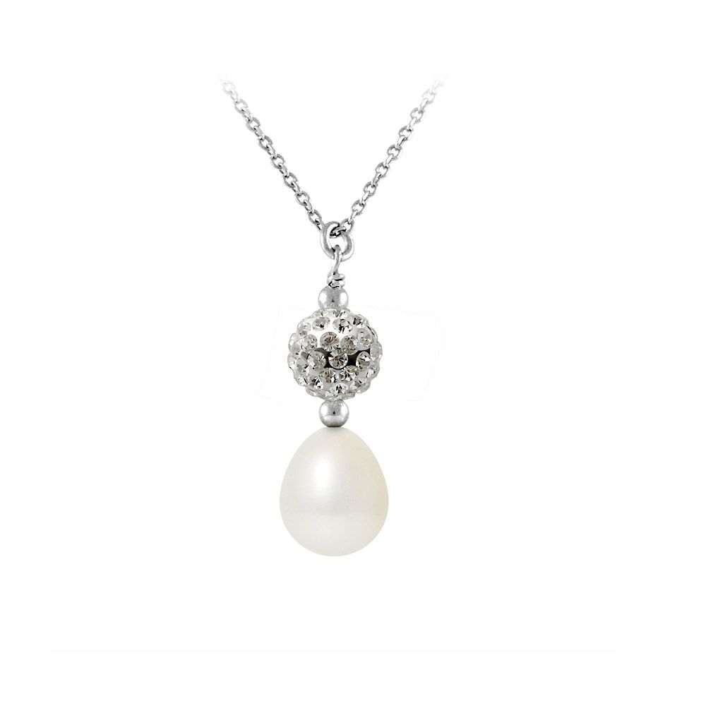 Crystal and White Pearl Pendant Made in France Silver 925/1000 pendant made of 9mm freshwater cultured pearl and a silver pearl set with white crystals. Characteristics of the pearl: Pearl size: 9 mm Shape: Pear White colour Glossing: Excellent Pearl type: freshwater culture Quality: AA Necklace features: Silver 925/1000 Weight: 1.40 gr Length of the chain: 42 cm Clasp: Spring Ring Expect an additional delivery time of + 48-72H