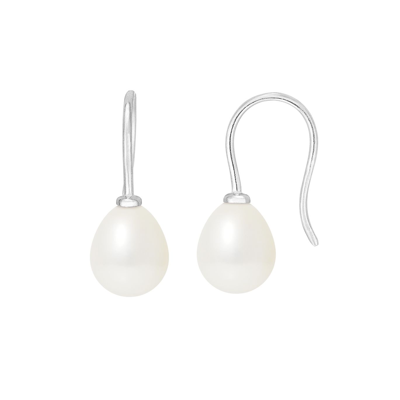 White Freshwater Pearls Hooks Earrings and White gold 375/1000 Made in France Beautiful pair of white freshwater cultured Pearls of 7 mm. Mount Solid gold White 375/1000. Form: Tear Diameter: 7 mm Luster: Excellent Quality: AA + Weight of gold: 0.70 gr