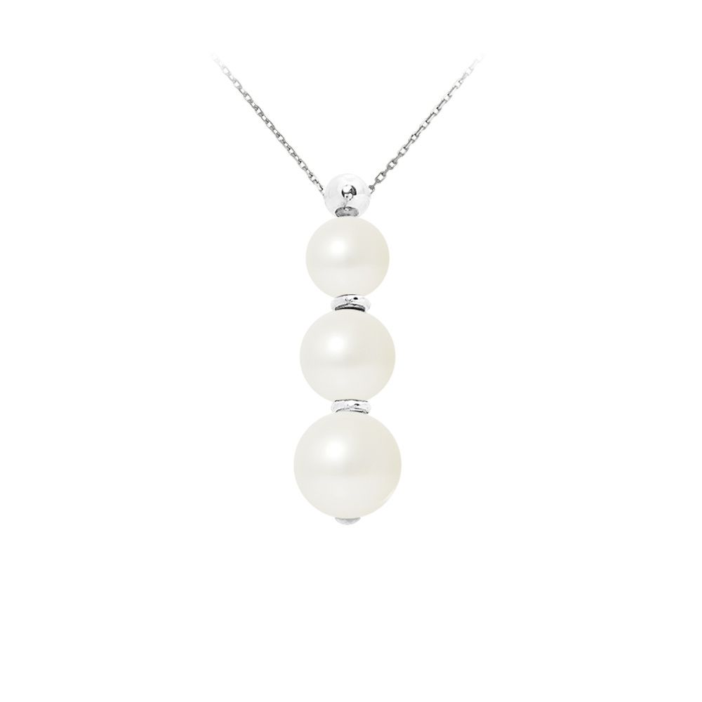 3 White Freshwater Pearls and 925/1000 Silver Necklace Made in France Mounting in 925 Sterling Silver Length : 40 cm Weight : 1.30 gr 3 Freshwater Pearls Color : White Quality : AA Shape of pearl: Round Size of the pearl: 7, 8 et 9 mm